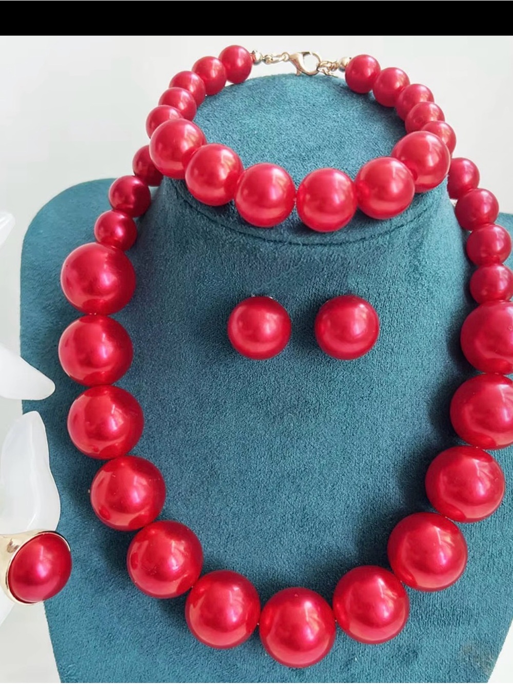 Red Pearl Statement Necklace and Earring Set - Brand